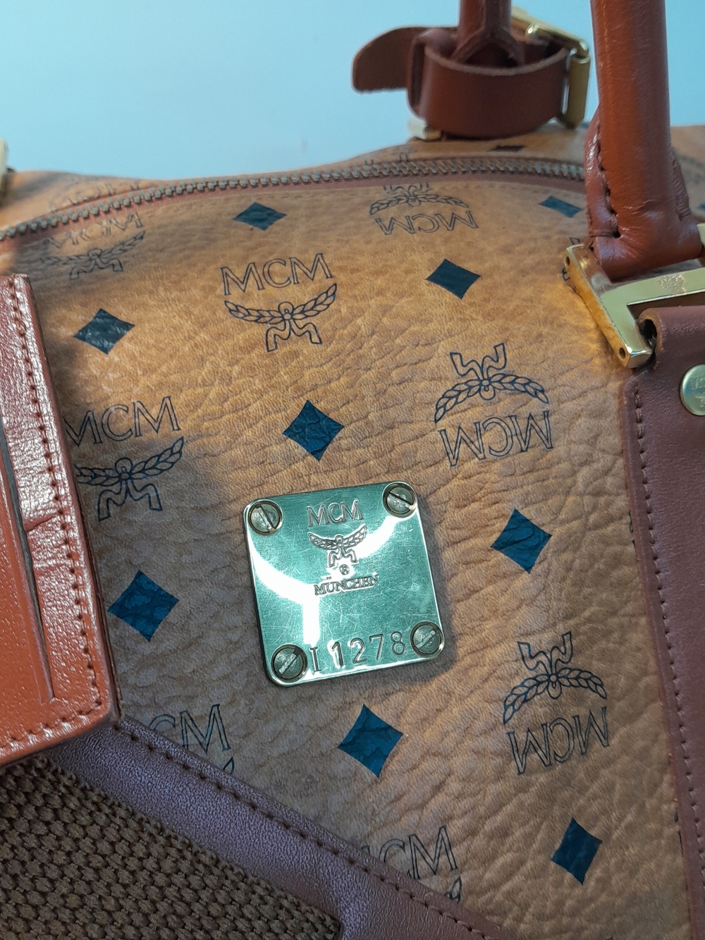 MCM Cognac Visetos Leather Weekender Duffel Bag - Picture 4 of 10